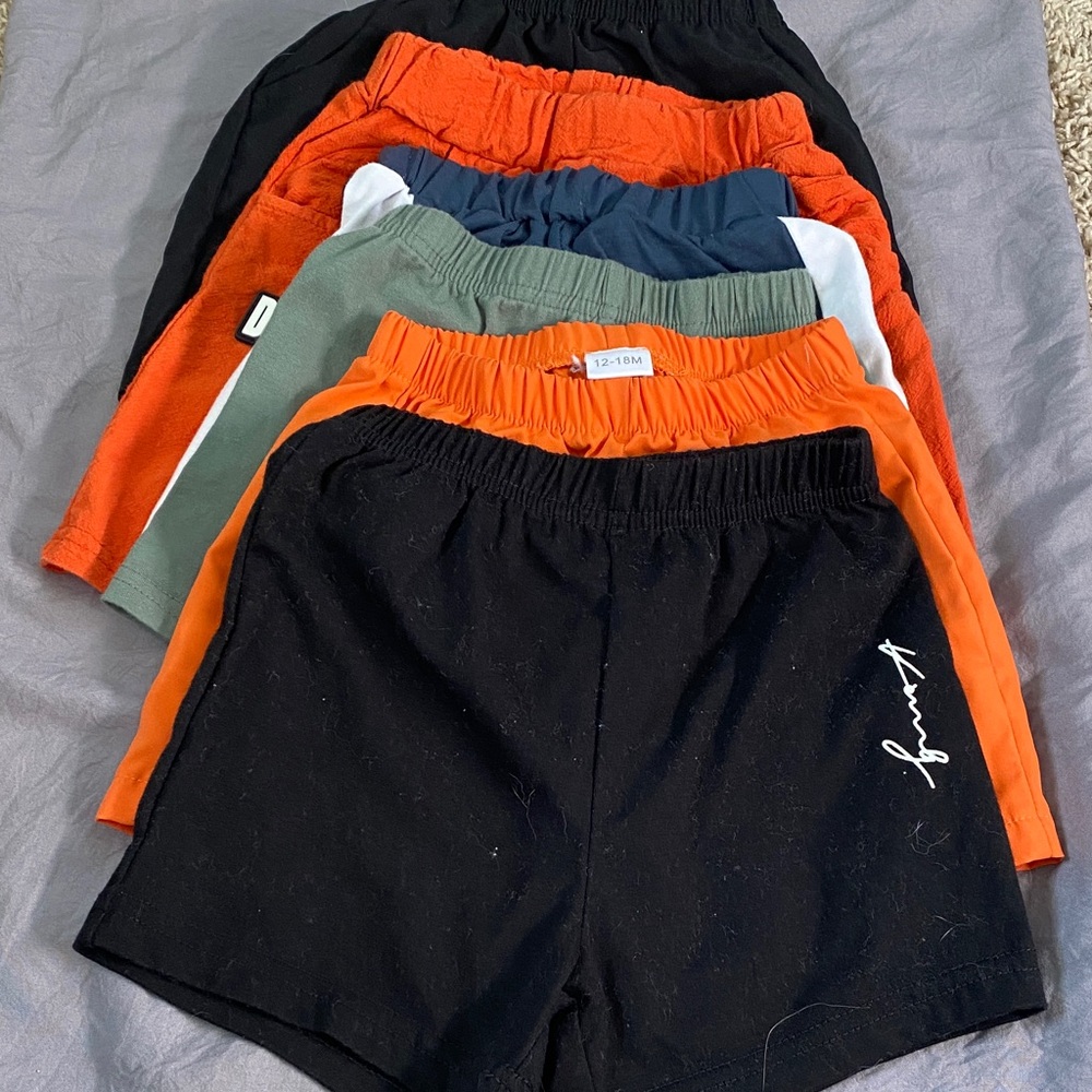 Stack of Boys' Casual Elastic Waist Shorts - Black, Orange, Olive, Navy